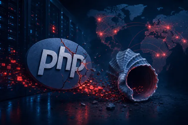 Editorial illustration representing a PHP server under cybersecurity threat
