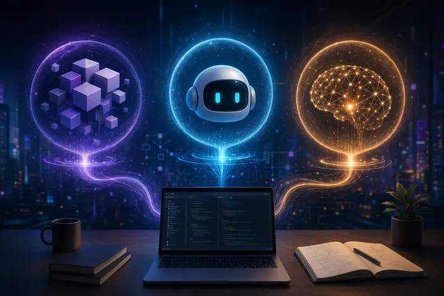 Developer workstation comparing AI coding assistants including Copilot, Cursor and Claude Code