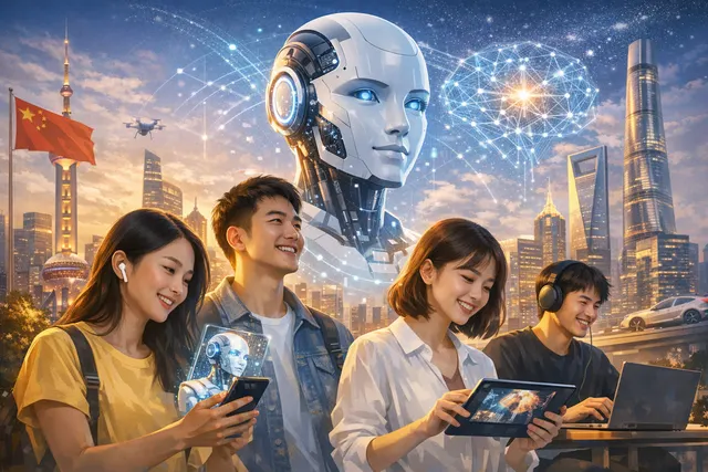 Silhouetted figures look toward a futuristic AI interface over a Shanghai skyline at dusk, representing the Chinese public's optimistic engagement with artificial intelligence.
