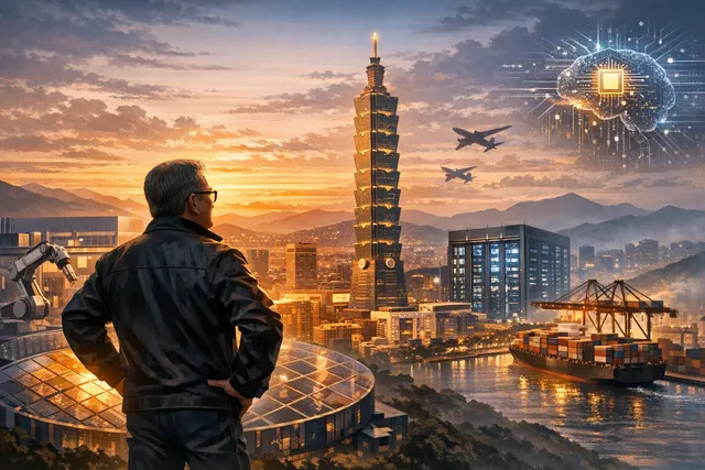 Nvidia CEO Jensen Huang speaking at a podium with Taiwan and AI supply chain graphics displayed behind him.