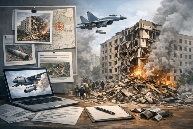 A residential building in Kharkiv damaged by a Russian guided bomb strike on June 20, 2026, with debris scattered at the base and smoke rising from the site
