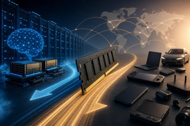 Illustration of AI data-center memory demand affecting consumer phones and computers