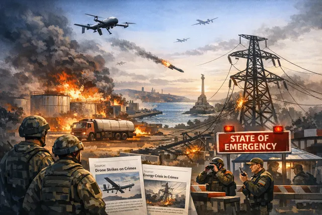 AI-generated depiction of a darkened Crimean cityscape with emergency vehicles and power lines, illustrating the state of emergency declared on June 26, 2026.