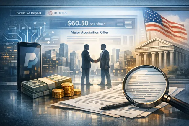 Stripe and PayPal and Advent International logos positioned around a central dollar sign, representing the $53 billion acquisition offer.