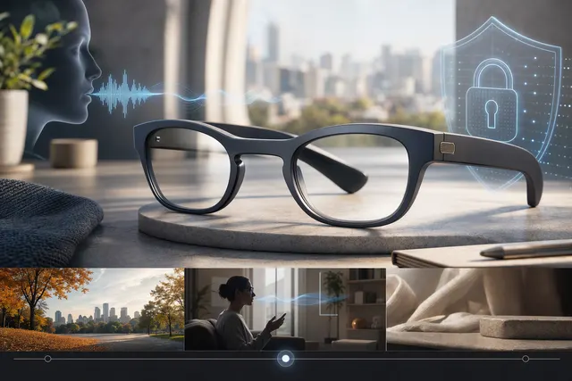Editorial illustration of camera-free smart glasses representing Meta’s reported Luna device