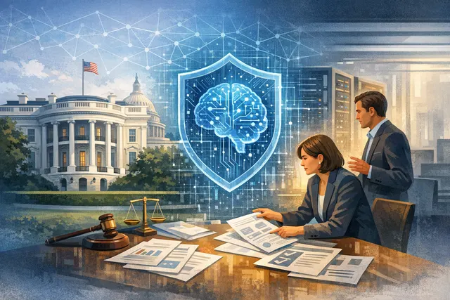 An abstract digital illustration representing AI safety oversight, with a glowing neural network design in blue and gold tones against a dark background.