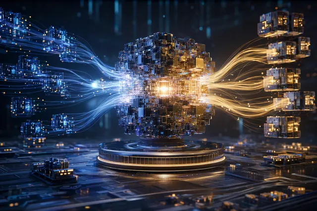 Editorial illustration representing Unisound U2-Flash, a sparse mixture-of-experts AI model for coding and agents