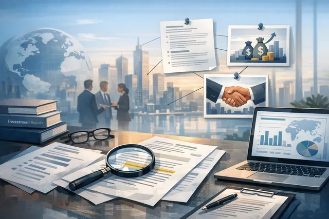 Conceptual illustration of a chart showing €5.25 billion fundraise, with abstract software and gear icons in blue and gold