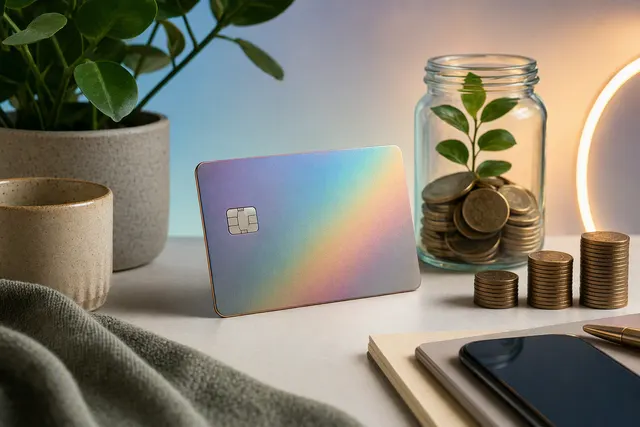 Editorial illustration of an iridescent metal bank card representing Monzo Aura