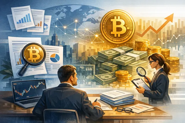 Abstract digital art of a Bitcoin coin hovering over a financial chart, with a large corporate building shadow falling across the chart, symbolizing Strategy's influence on Bitcoin