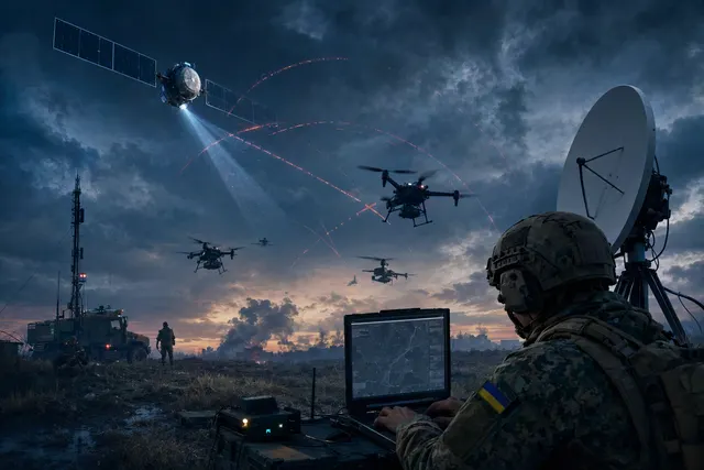 Editorial illustration representing satellite connectivity for a military drone