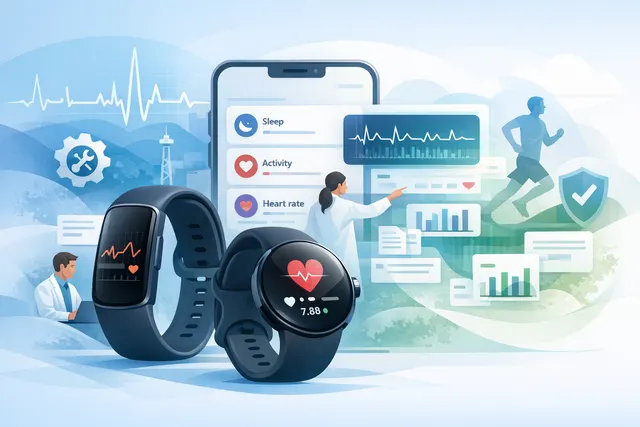 Google Health app interface on a smartphone, with the Today tab showing expanded health metrics, next to a Pixel Watch displaying the ECG app.