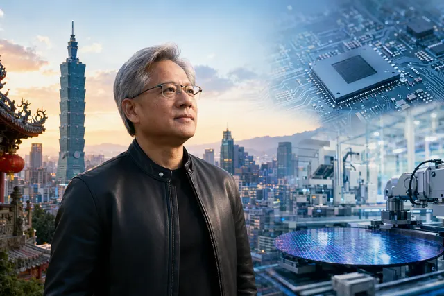 Illustration of Nvidia CEO Jensen Huang and Taipei skyline representing the company’s ties to Taiwan’s semiconductor ecosystem ahead of Computex 2026