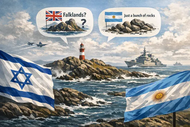 Editorial illustration of the Falkland Islands sovereignty dispute involving Argentina, Britain and Israel