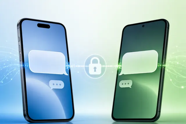 Illustration of encrypted messages moving between an iPhone and an Android phone