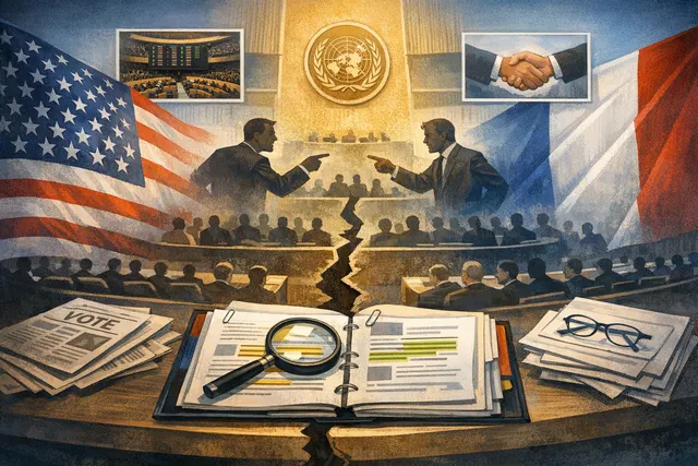 A conceptual illustration of a UN General Assembly vote with the hashtag #AmericaAlone overlaid, symbolizing the diplomatic row between the US and France.