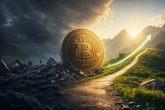 Editorial illustration of Bitcoin market analysis and an on-chain cycle shift
