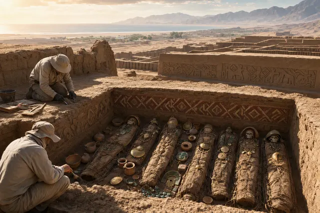 Editorial illustration of the newly reported Chimú elite funerary platform at Chan Chan, Peru