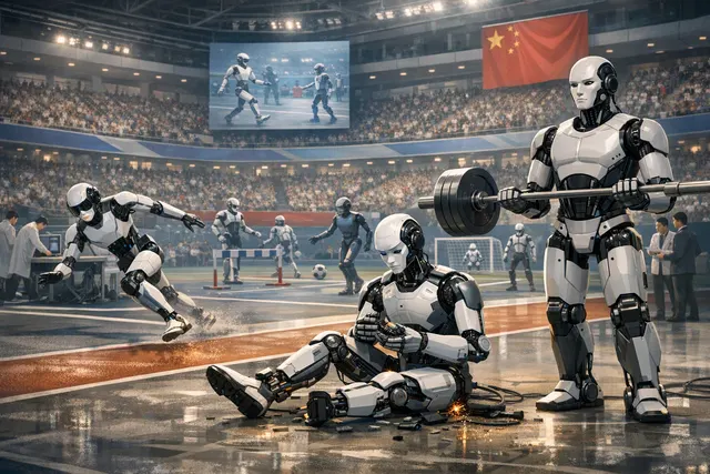 Humanoid robots competing in a Beijing sprint at the World Humanoid Robot Games