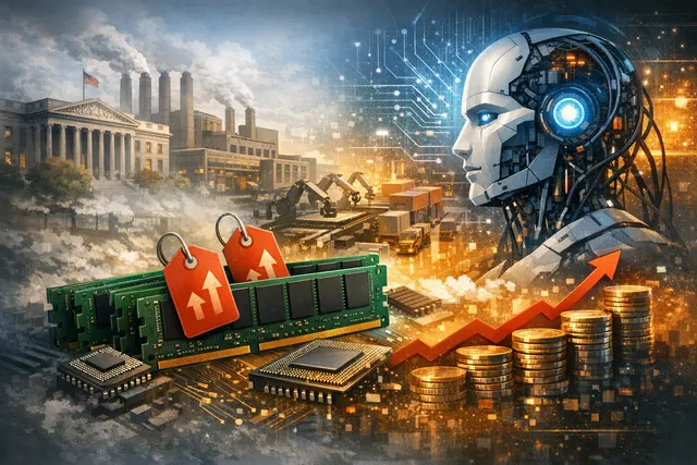 Illustration of a glowing AI brain chip surrounded by memory modules and warning symbols, representing the global AI-driven RAM shortage crisis