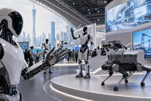 AI-generated illustration accompanying an article about PHYBOT’s robotics showcase at the 140th Canton Fair