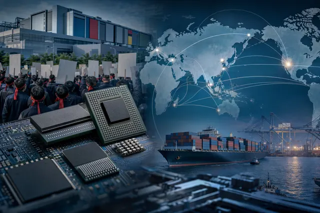 Illustration of semiconductor wafers and factory disruption representing the Samsung strike’s impact on the global chip supply chain