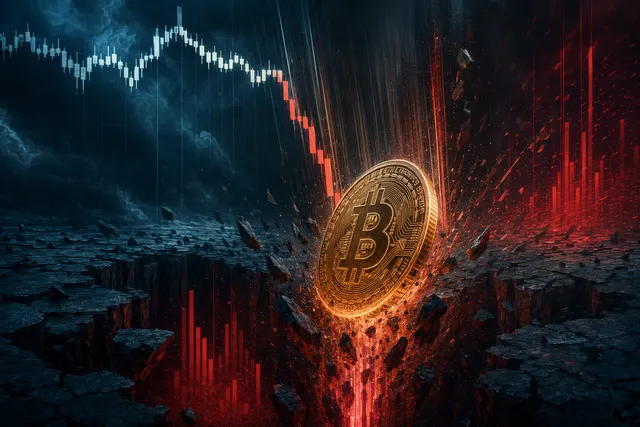 AI-generated editorial illustration accompanying a report on Bitcoin’s sudden fall below $84,000 and the resulting crypto liquidations.