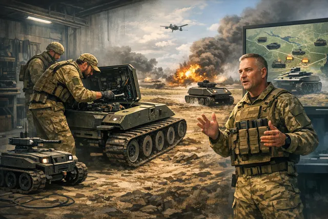 Ukrainian ground robot on a battlefield operating autonomously near a frontline position at dusk.