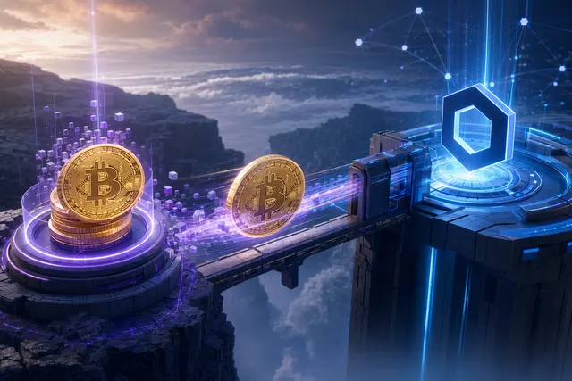Editorial illustration of tokenized Bitcoin moving across blockchain bridge infrastructure toward Chainlink CCIP