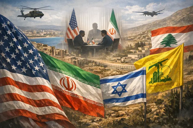 Digital illustration of a diplomatic document with regional flags including Iran, the United States, Pakistan, Israel, and Lebanon on a map background.