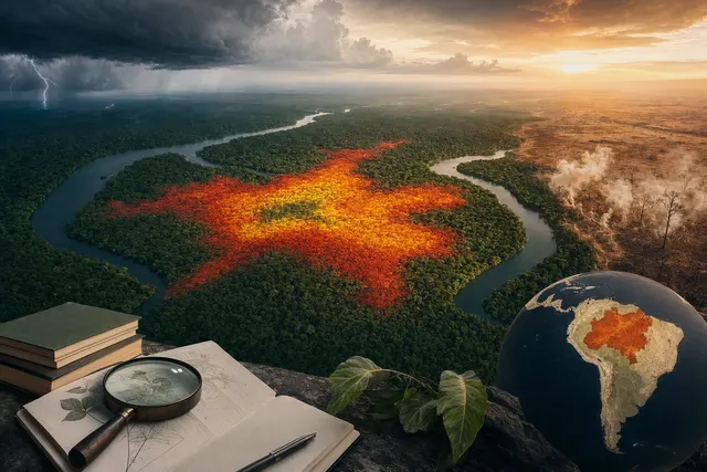 Editorial illustration of Amazon rainforest climate stress and extreme heat
