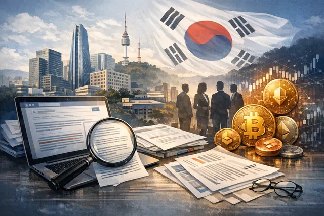 Digital illustration of a document listing South Korean corporate logos crossed out in red, with Bitcoin and stablecoin symbols in the background, representing the OUSD partnership