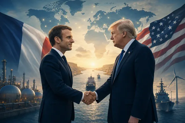 Editorial illustration representing France-US talks on energy security and navigation in the Strait of Hormuz