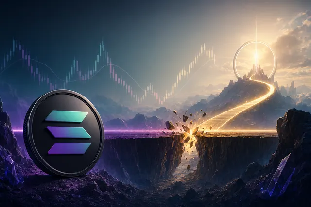 Editorial illustration of Solana price action approaching a $100 breakout level