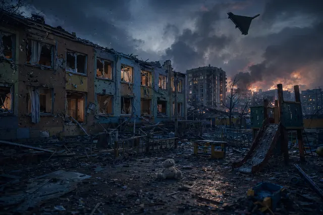 Illustration of drone strikes hitting urban buildings in Odesa and Dnipro during the Russia‑Ukraine war