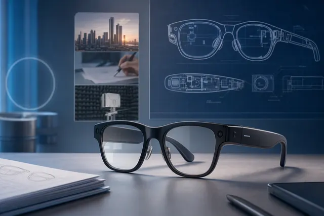 Editorial illustration representing Samsung’s display-free Intelligent Eyewear AI glasses
