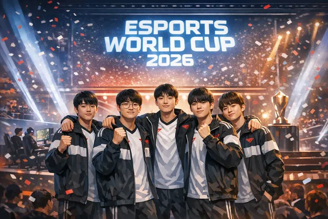 T1 League of Legends team celebrating their victory and qualification for the Esports World Cup 2026 in Paris.