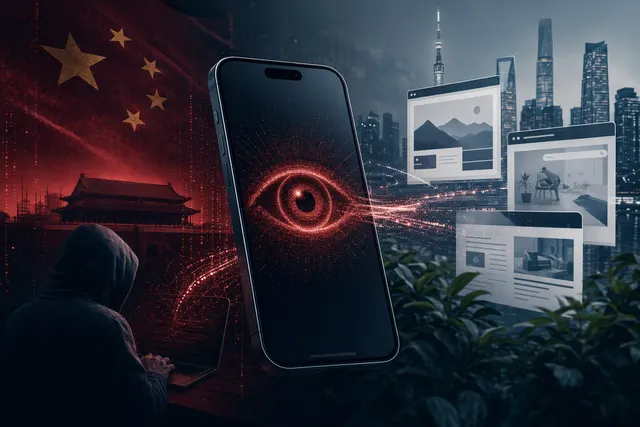 AI-generated editorial illustration about iPhone spyware delivered through online ads and compromised websites.