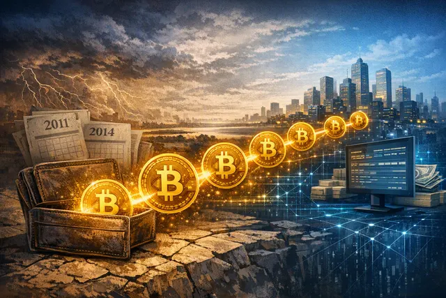 Editorial illustration of dormant Bitcoin wallets awakening and transferring coins across a blockchain network