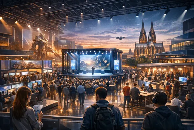 Editorial illustration representing Tencent Games’ gamescom 2026 lineup, playable demos and AI game-development technology