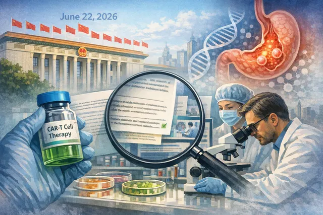 Microscopic depiction of CAR-T cells targeting cancer cells, representing the world's first approved solid tumor CAR-T therapy