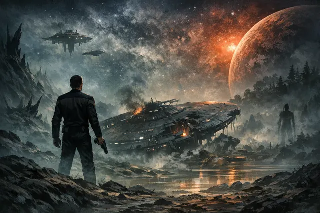 Cinematic announcement art for Star Trek: Shadow Frontier showing Ro Laren on a hostile alien world