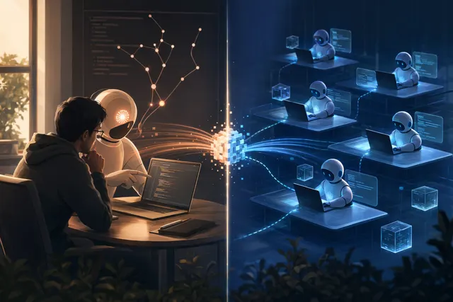 Split-screen editorial illustration comparing hands-on AI pair programming with parallel coding agents