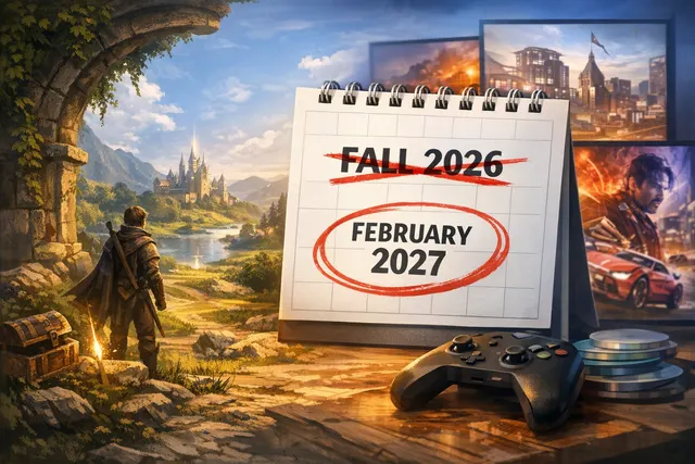 Editorial image depicting the Fable reboot logo overshadowed by a crowded release calendar with GTA VI and other game titles.