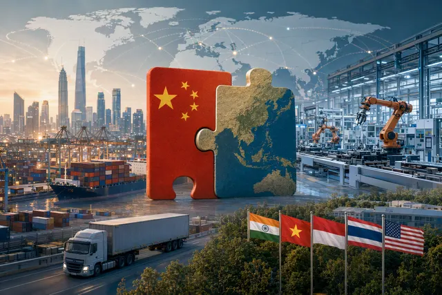 Illustration of global manufacturing and supply-chain connections centered on China