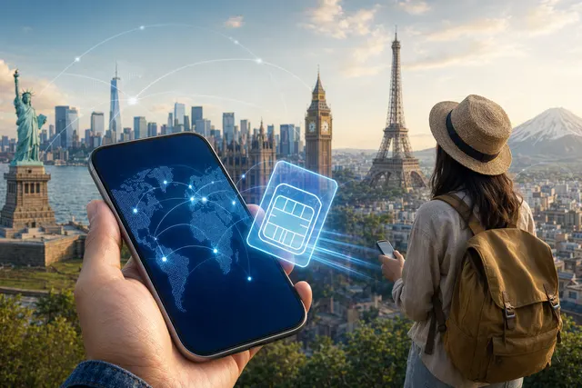 Illustration of Truecaller travel eSIM service enabling international mobile data connectivity