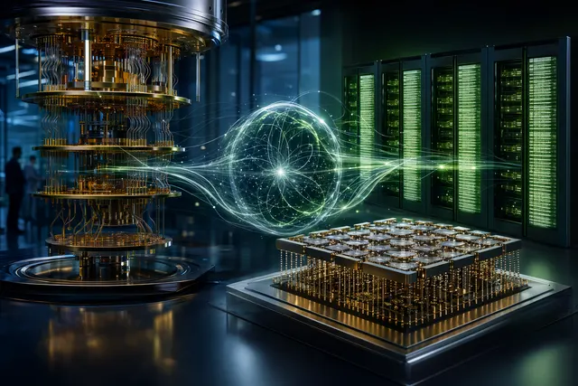 Concept illustration of hybrid quantum‑GPU computing connecting quantum processors with NVIDIA‑style accelerated computing infrastructure