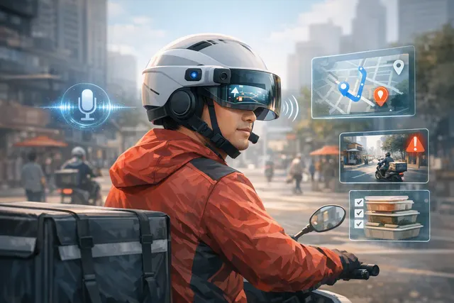 Illustration of a food-delivery courier wearing an AI-enabled smart helmet while riding an electric bike