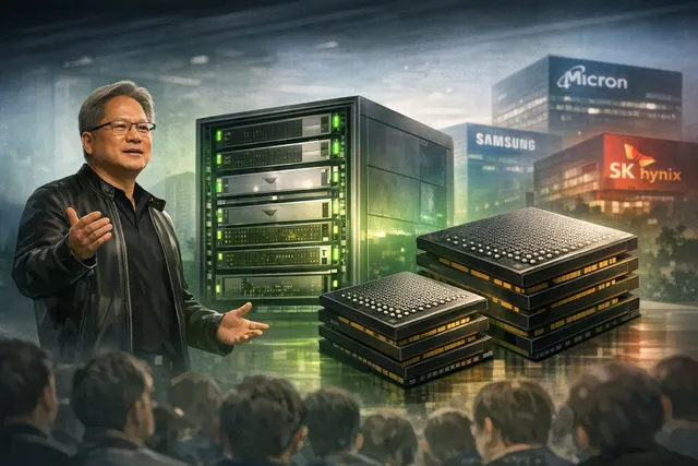 Nvidia CEO Jensen Huang confirmed HBM4 memory supply for the Vera Rubin AI platform, featuring Samsung, SK hynix, and Micron logos above a glowing circuit board and a robotic eye a