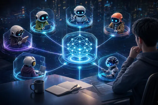 Editorial illustration representing a team of AI bots coordinated through a chat interface